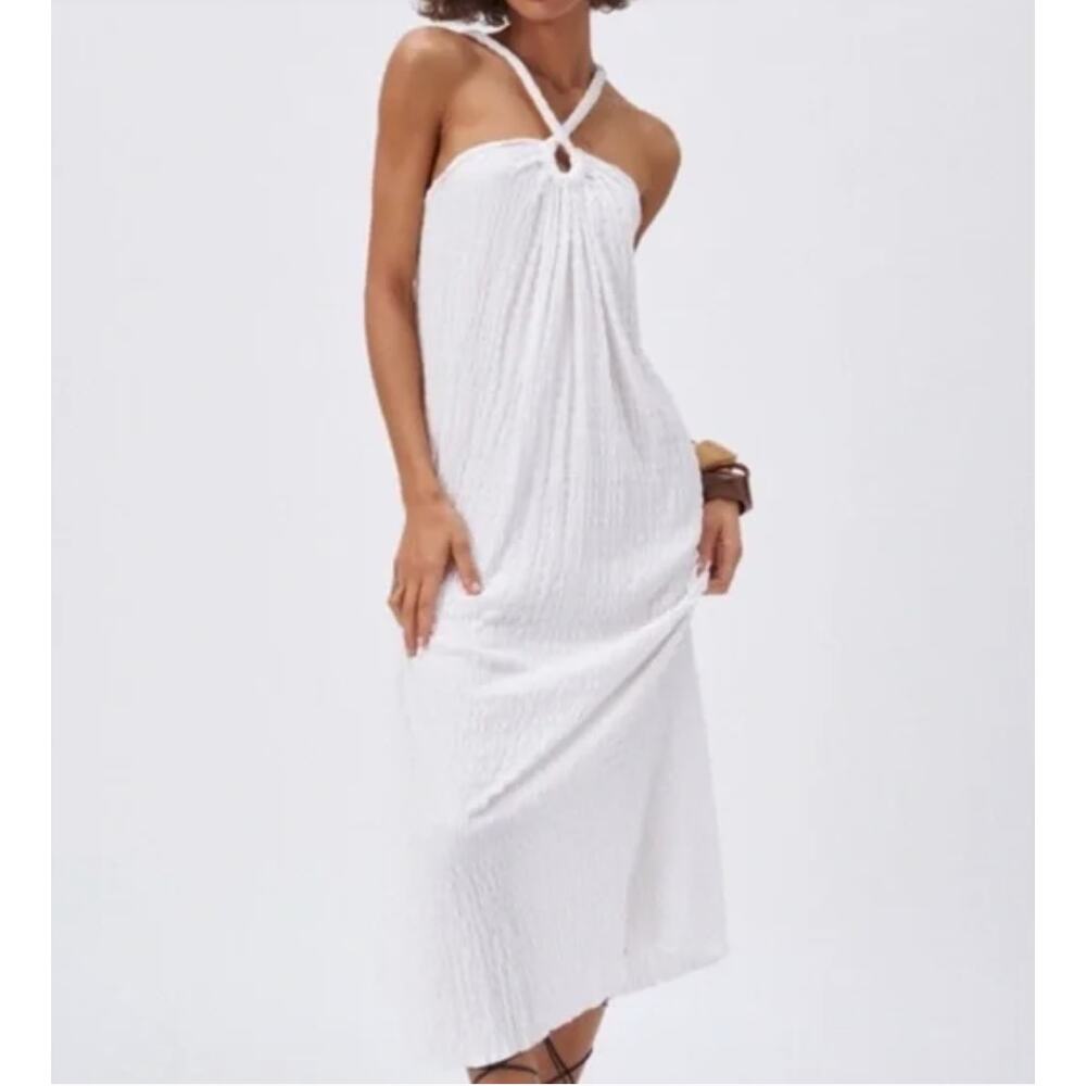 Zara Dress Women Large White Keyhole Puckered Texture Midi Stretch Spring Summer - Picture 1 of 8